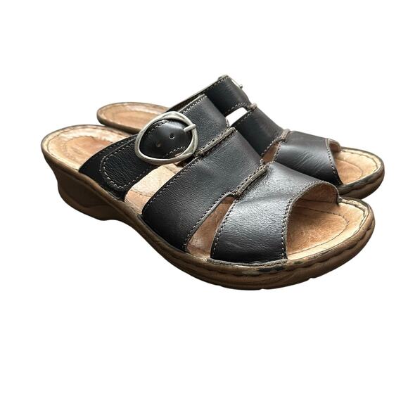 JOSEF SEIBEL Black 3 Strap Wedge Slip On Sandals Ladies 39 Size 8.5 - Picture 1 of 9